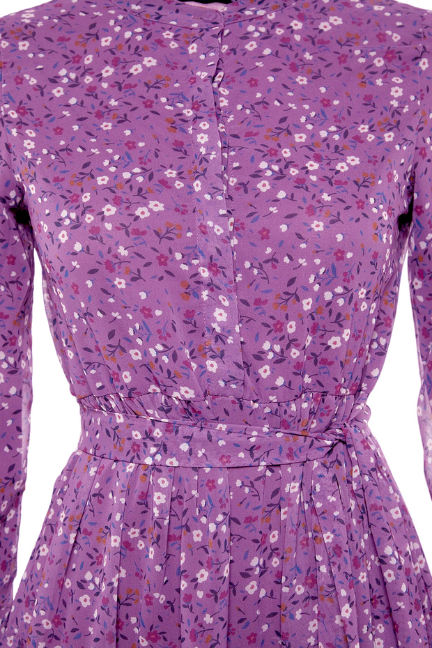 Liliowa, kwiatowa wzorzysta sukienka z paskiem i stójką, szyfonowa, tkana sukienka TCTSS21EL3346 - 8