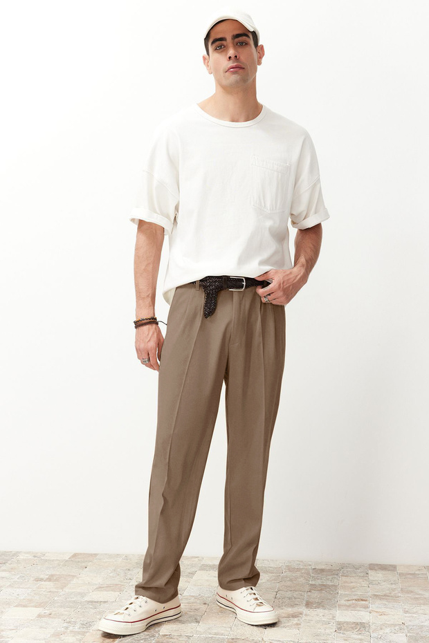 Bej Pileli Klasik Baggy Fit Kumaş Pantolon TMNSS24PL00024 - 3