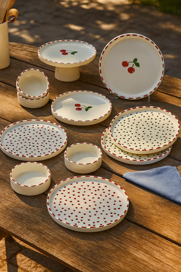 11 Piece Cherry Stackable Breakfast Set for 6 - Cherry Breakfast Presentation Plate - 8