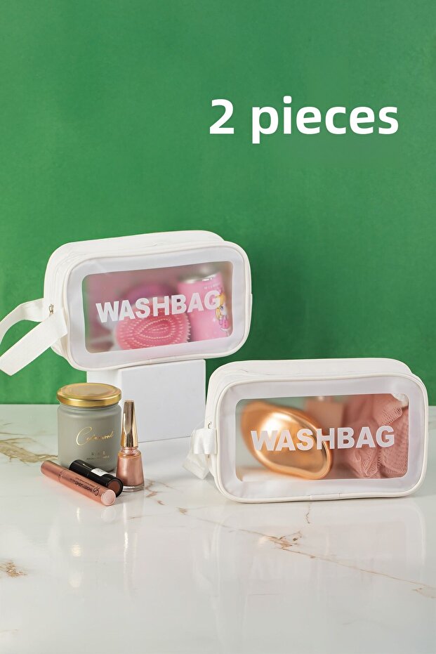 3140-1 2-Piece Transparent - White Travel and Makeup Bag Waterproof Organizer Washbag 21X13Cm