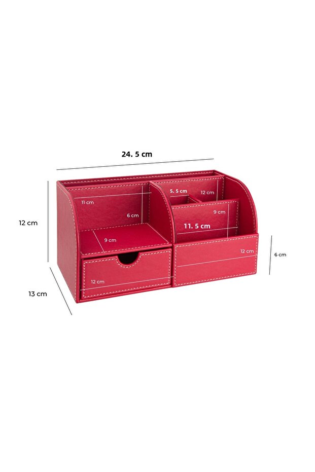 Desktop Organizer, Pen Holder, Remote Control Holder, Cube Notepad Holder, Tablet Holder, Bookshelf, 6 Compartments, with Drawers, Red - 4
