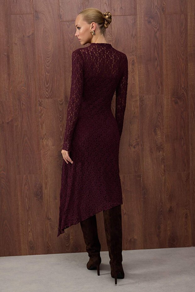 Özel Koleksiyon Mürdüm Düz Asimetrik Bodycon/Vücuda Oturan Maxi Örme Dantel Elbise TWOAW26EL00057 - 4