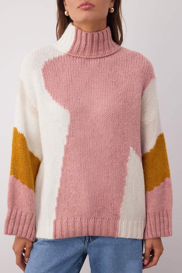Pembe Yumuşak Dokulu Renk Bloklu Geniş Kalıp Triko Kazak TWOAW20XS0047 - 3