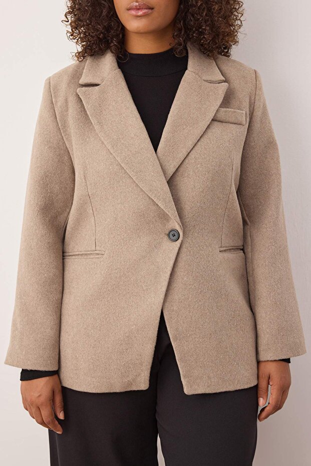 Bej Oversize/Bol Kesim Büyük Beden Dokuma Ceket TBBAW26AG00010 - 4