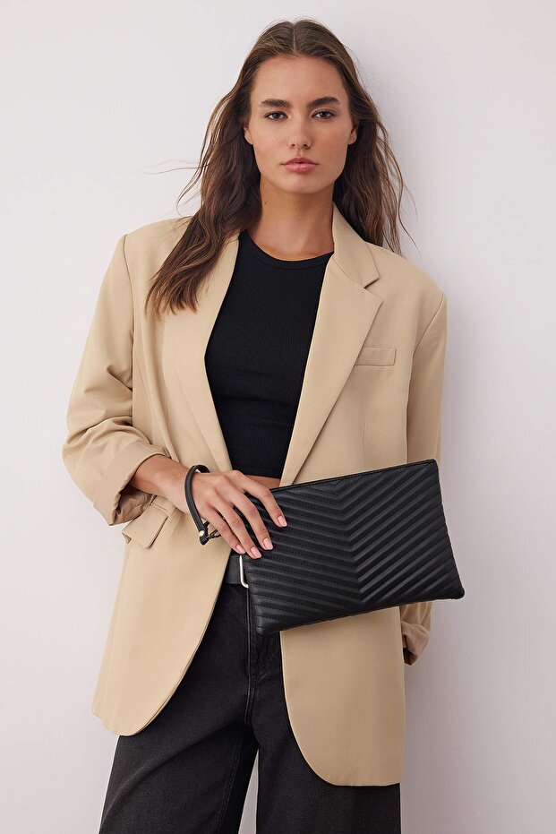 Siyah Dokulu Kadın Mini Boy Clutch Çanta TAKAW26PY00006 - 2