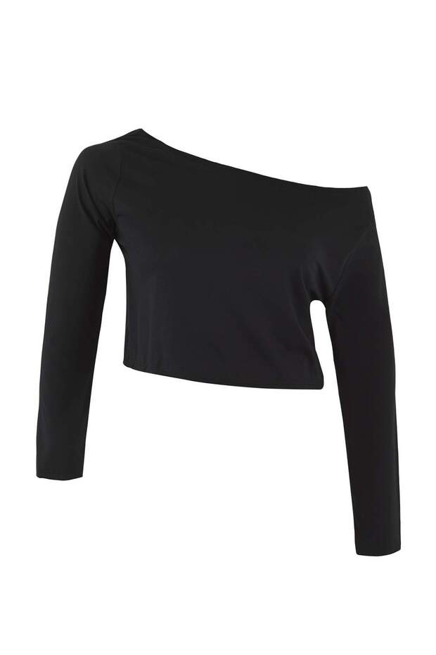 Siyah-Beyaz 2'li Paket %100 Pamuk Asimetrik Kayık Yaka Crop Örme T-Shirt TBBAW26BF00001 - 8