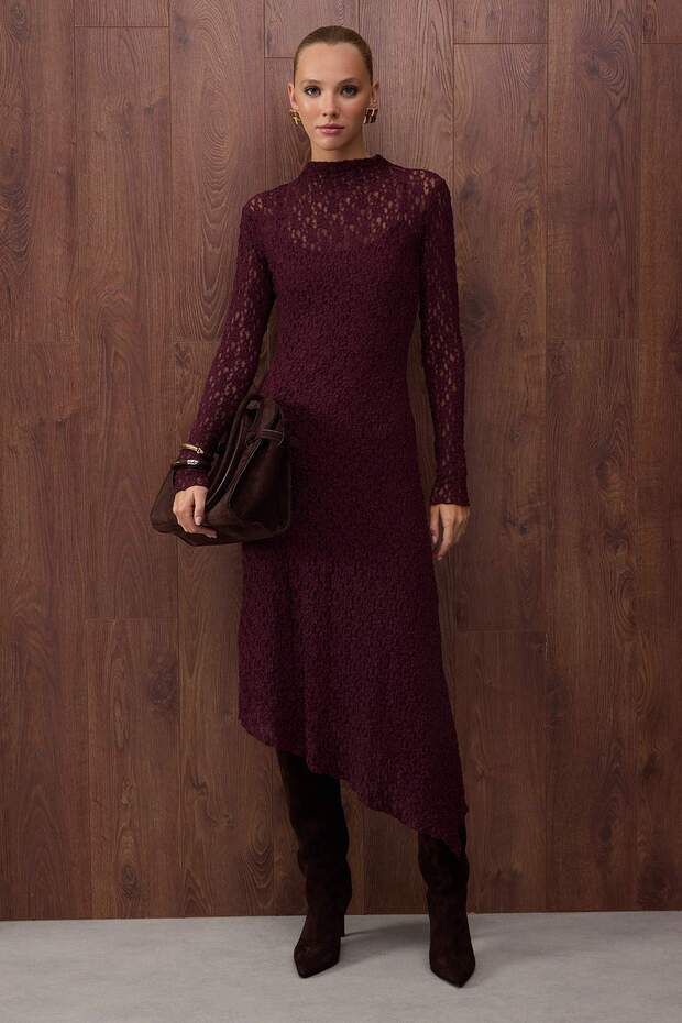 Özel Koleksiyon Mürdüm Düz Asimetrik Bodycon/Vücuda Oturan Maxi Örme Dantel Elbise TWOAW26EL00057 - 1
