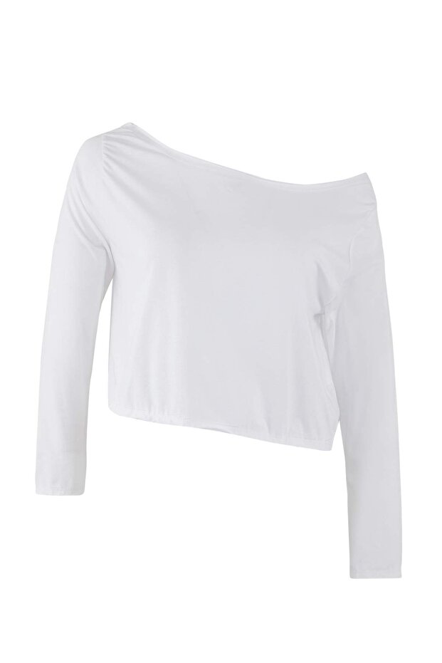 Siyah-Beyaz 2'li Paket %100 Pamuk Asimetrik Kayık Yaka Crop Örme T-Shirt TBBAW26BF00001 - 10