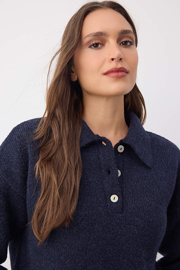 Wardrobe Essentials Lacivert Basic Geniş Kalıp Özel İplikli Triko Kazak | TWOAW26KZ00072 - 2