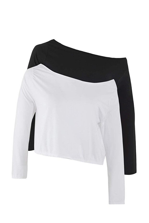 Siyah-Beyaz 2'li Paket %100 Pamuk Asimetrik Kayık Yaka Crop Örme T-Shirt TBBAW26BF00001 - 7