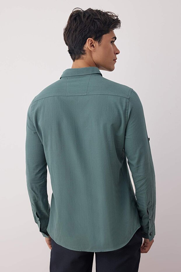 Koyu Yeşil Düğmeli Yaka Apoletli Slim Fit Uzun Kol %100 Pamuklu Keten Görünümlü Gömlek TMNSS20GO0189 - 8