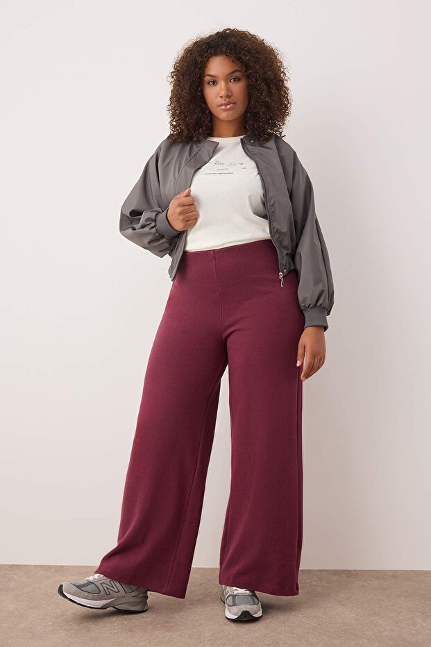 Bordo Fake Triko Yüksek Bel Straight Fit Beli Lastikli Örme Büyük Beden Pantolon TBBAW26AR00004 - 1