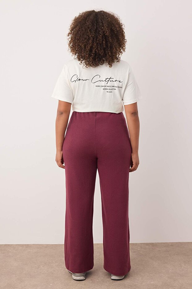 Bordo Fake Triko Yüksek Bel Straight Fit Beli Lastikli Örme Büyük Beden Pantolon TBBAW26AR00004 - 4