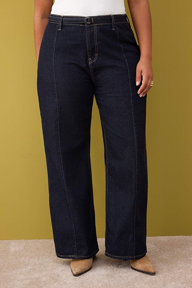 Koyu Mavi Yüksek Bel Kemerli Geniş Paça Denim Büyük Beden Jeans TBBAW26CJ00031 - 4