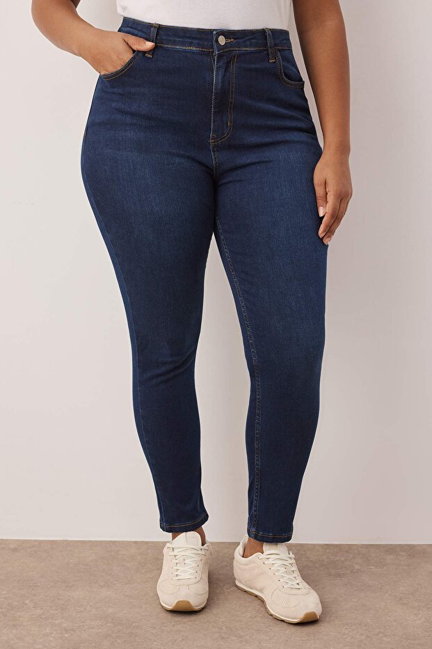 Koyu Mavi Yüksek Bel Esnek/Stretch Büyük Beden Skinny Jeans TBBAW23JE00000 - 3