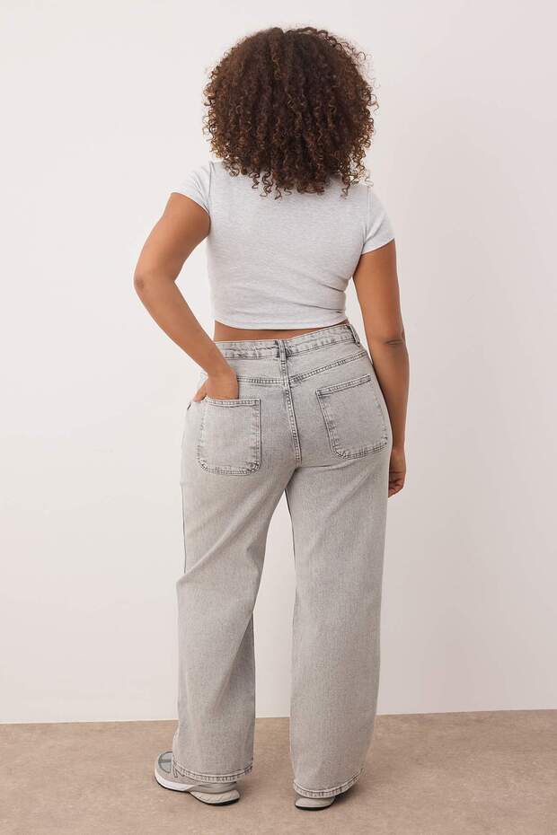 Açık Gri Yüksek Bel Geniş Paça Büyük Beden Wide Leg Jeans TBBSS24CJ00048 - 4