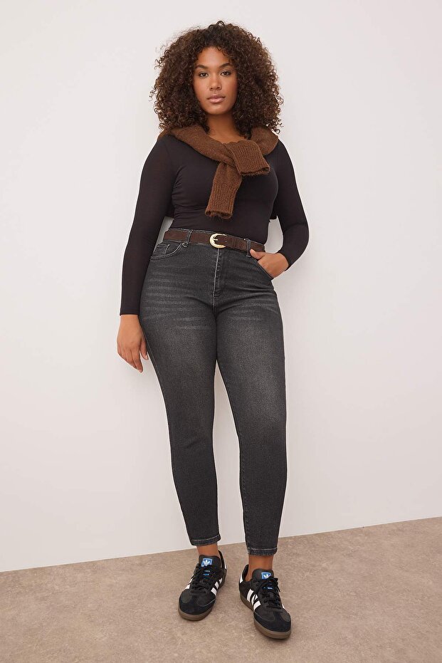 Gri Yüksek Bel Esnek Skinny Denim Büyük Beden Jeans TBBAW26CJ00006 - 2