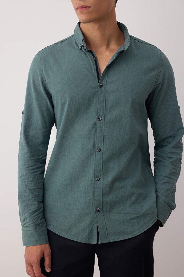 Koyu Yeşil Düğmeli Yaka Apoletli Slim Fit Uzun Kol %100 Pamuklu Keten Görünümlü Gömlek TMNSS20GO0189 - 7