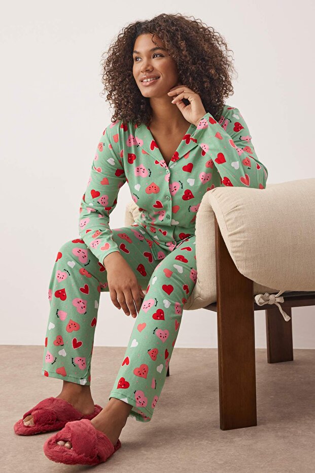 Mint Kalpli Gömlek Yaka Örme Pijama Takımı TBBAW23AI00019 - 1