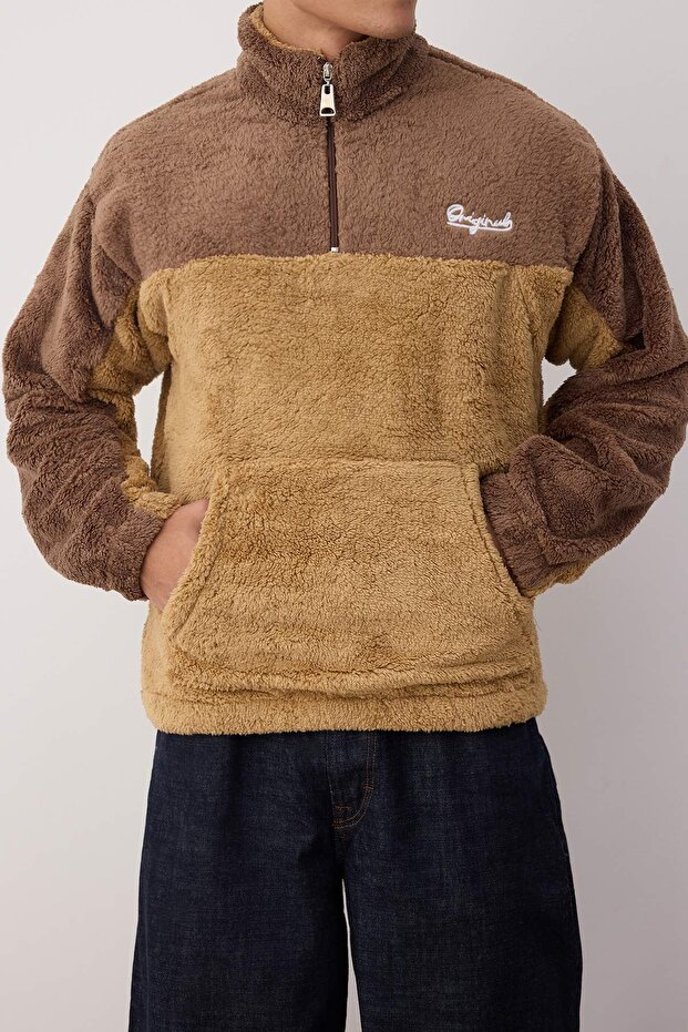 Camel Unisex Oversize/Geniş Kesim Renk Blok Sıcak Tutan Peluş Sweatshirt TMNAW22SW1477 - 5