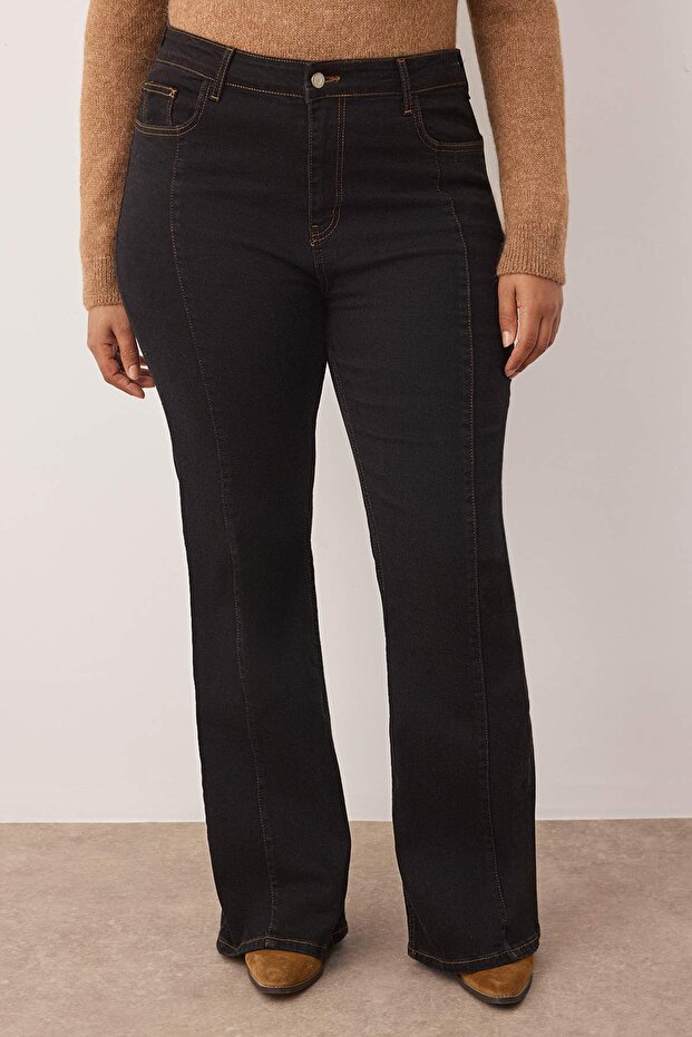 Özel Koleksiyon Siyah Yüksek Bel Nervürlü İspanyol Paça Büyük Beden Flare Jeans TBBAW26CJ00013 - 7