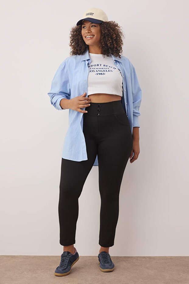 Siyah Beli Lastikli Skinny Örme Büyük Beden Pantolon TBBAW23AR00023 - 1