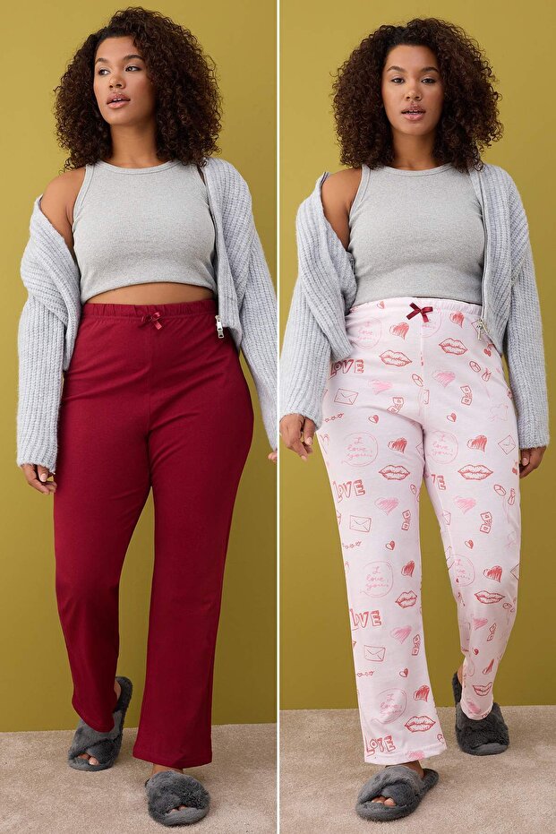 Kırmızı-Çok Renkli 2'li Paket Örme Pijama Altı TBBAW26IA00003 - 1