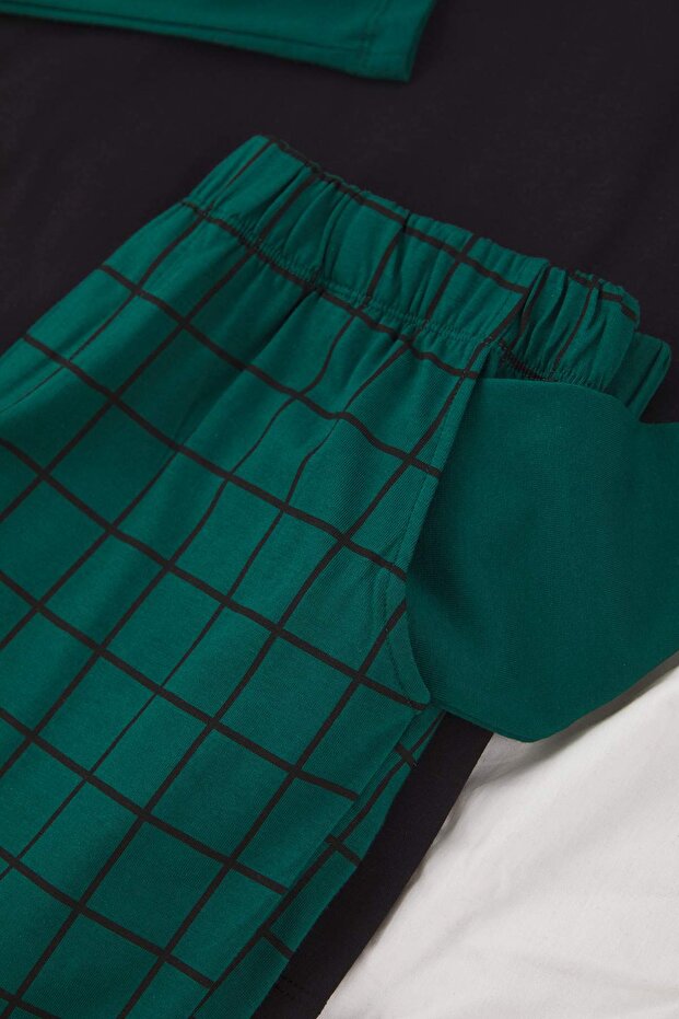 Zümrüt Yeşili %100 Pamuk Regular Ekose / Kareli Örme Pijama Takımı THMAW21PT0879 - 2