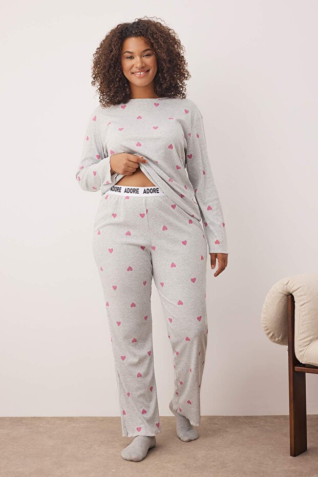 Szary melanżowy zestaw piżamy z elastyczną gumką i nadrukiem sloganu TBBAW26AI00020 - 2