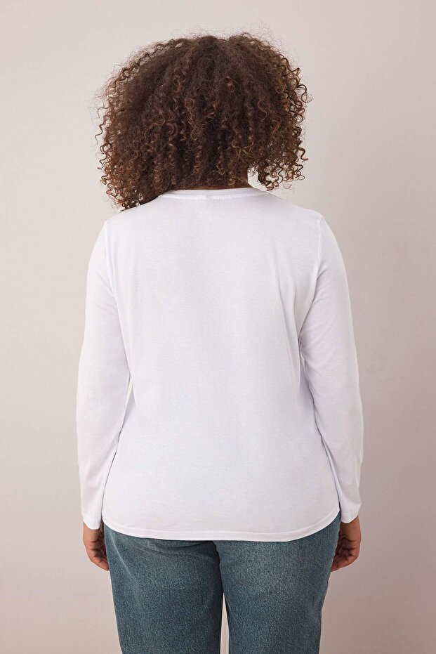 Beyaz %100 Pamuk Uzun Kollu Bisiklet Yaka Regular Basic Örme Büyük Beden T-Shirt TBBAW26BF00000 - 4