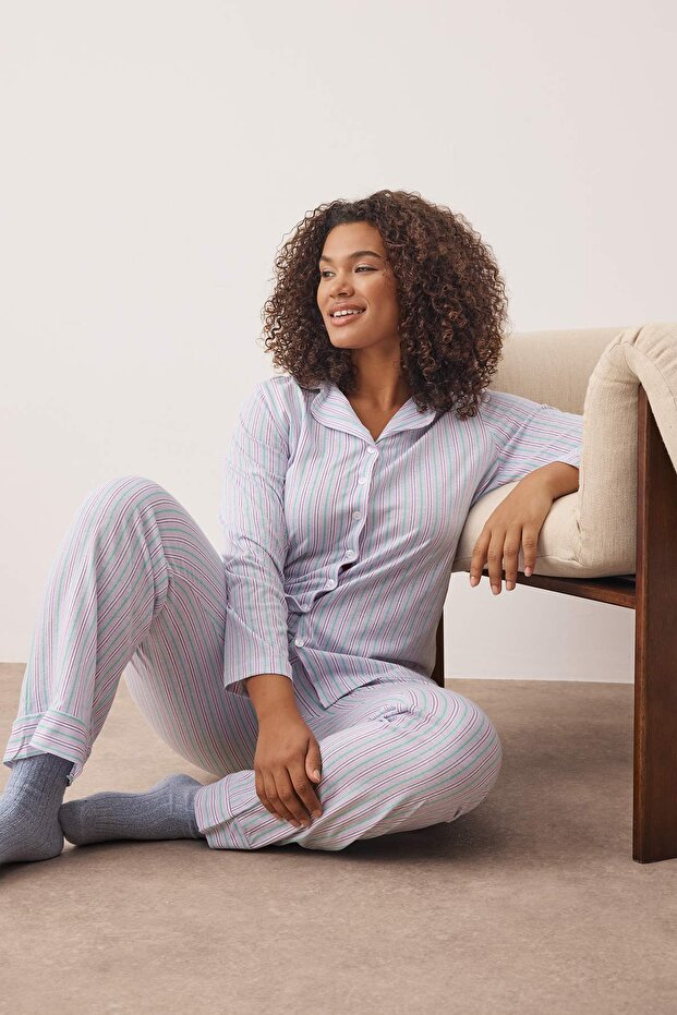 Lila %100 Pamuklu Çizgili Gömlek-Pantolon Örme Pijama Takımı TBBAW26AI00017