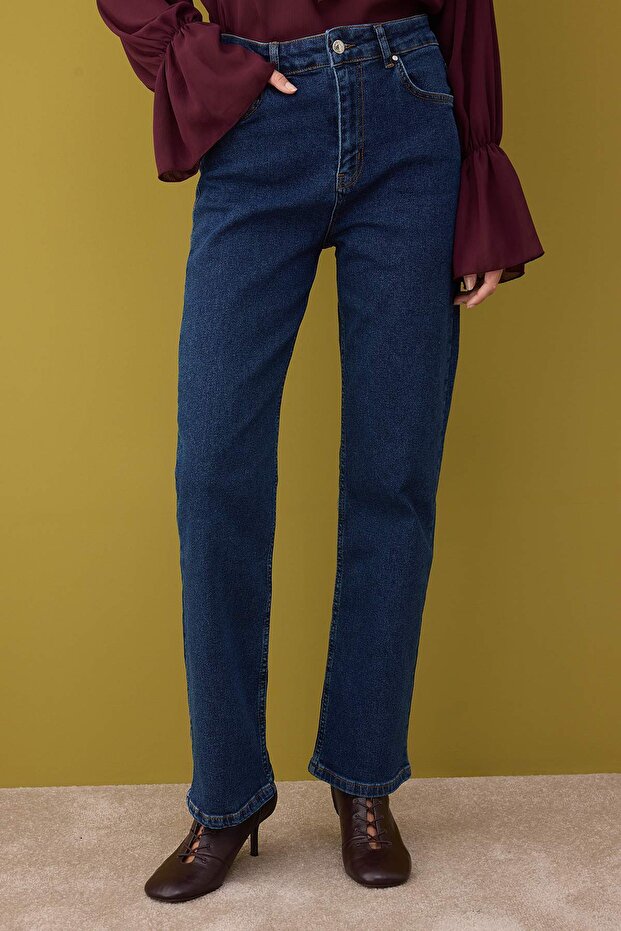Koyu Mavi Yüksek Bel Comfort/Esnek/Rahat Straight Düz Kesim Boru Paça Jeans TWOAW26JE00062 - 3