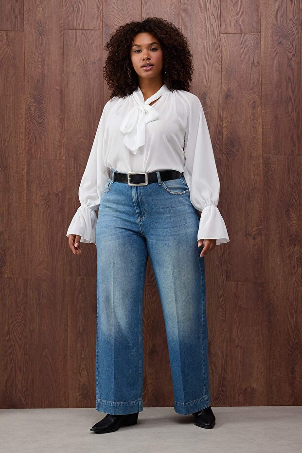 Özel Koleksiyon Mavi Yüksel Bey Cep Detaylı Straight Fit İnce Kumaş Büyük Beden Jeans TBBAW26CJ00021 - 1