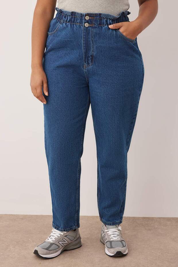 Mavi Yüksek Bel Beli Lastikli %100 Non-Stretch Pamuk Büyük Beden Mom Jeans TBBAW23JE00002 - 3