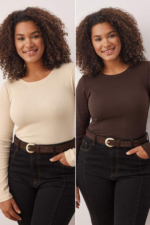 Braun-beige 2er-Pack Camisole-Strickbluse in Übergröße TBBAW26AF00055 - 1