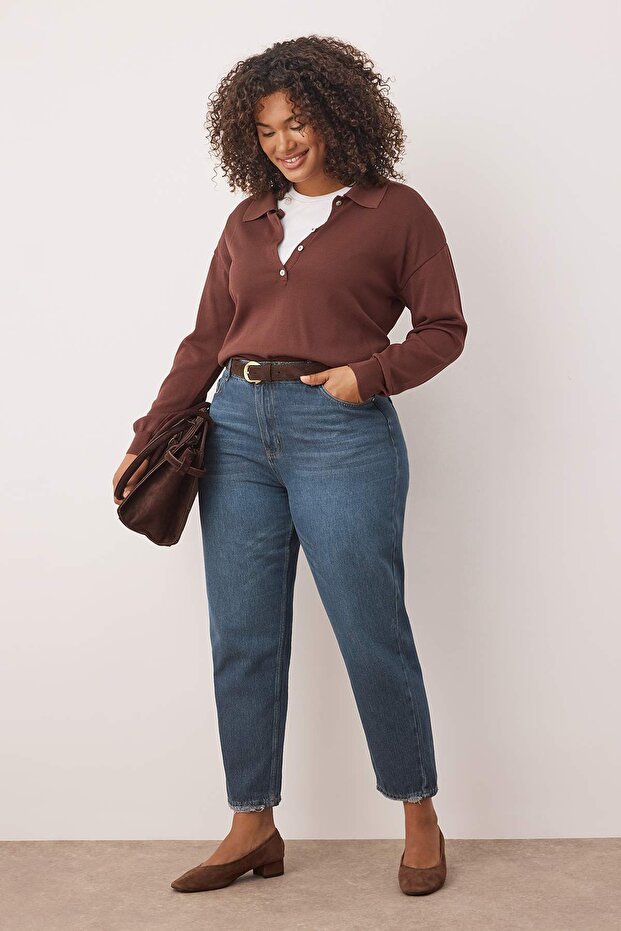 Mavi Yüksel Bel Paçası Destroy Detaylı Mom Fit Denim Büyük Beden Jean TBBAW26CJ00010 - 1
