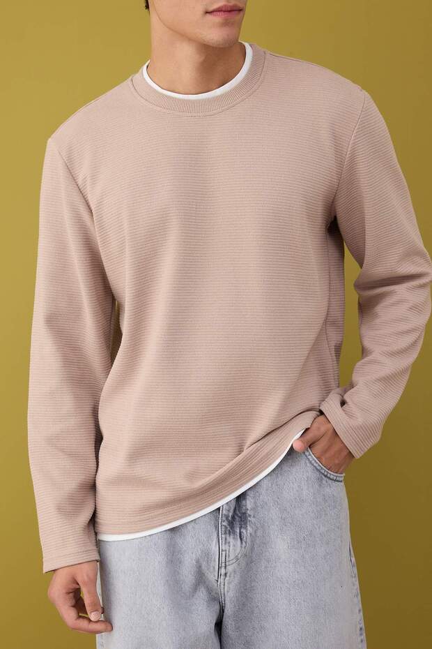 Bej Regular/Normal Kesim Dokulu Basic Sweatshirt TMNAW22SW0658 - 3