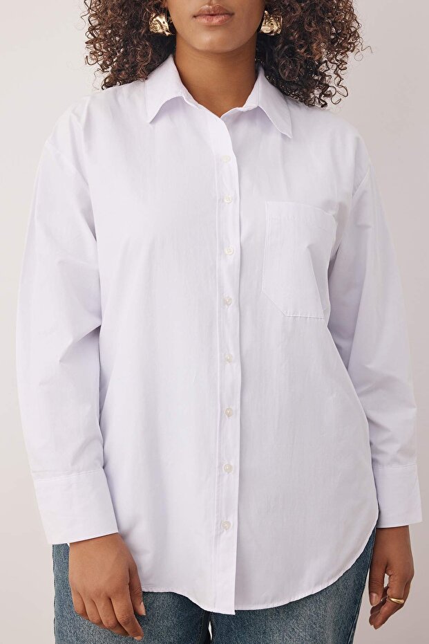 Fehér, laza szabású pamut hosszú ujjú, nagy méretű szőtt ing TBBSS22GO0323 - 3