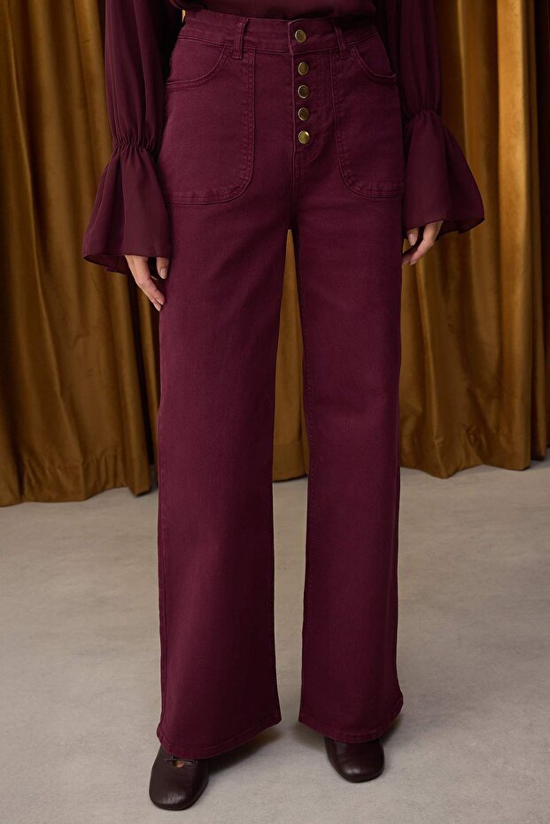 Özel Koleksiyon Bordo Düğme Detaylı Yüksek Bel Wide Leg Comfort/Esnek Jeans TWOAW26JE00017 - 4
