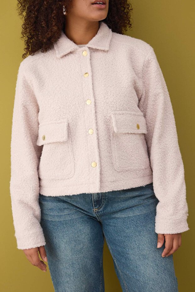 Ecru Regular Fit Boucle Plus Size Jacket Coat Twoaw26Aw00023 - 3