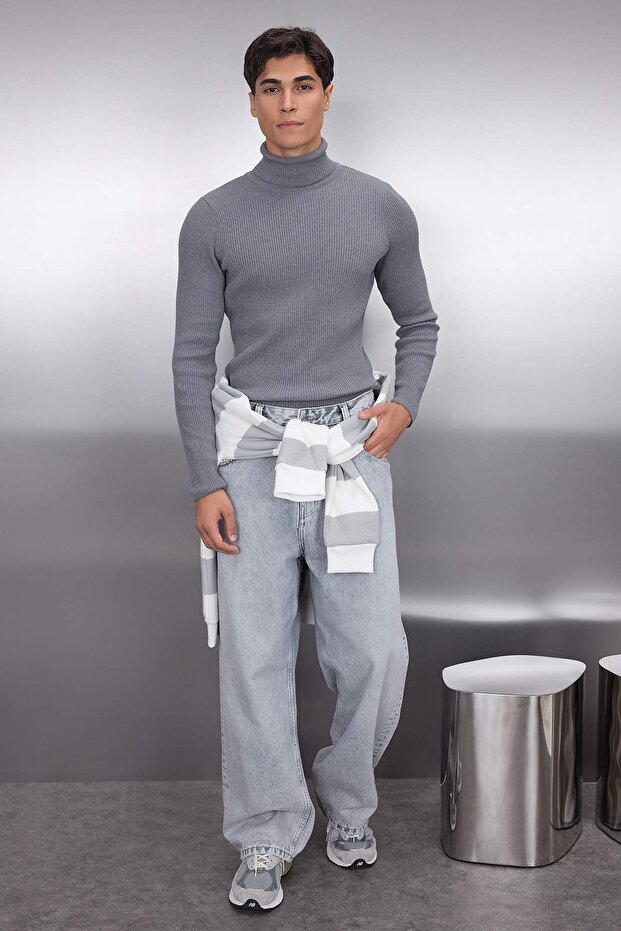 Füme Slim Fit Pamuklu Couple/Çift Balıkçı Yaka Fitilli Örgü Kazak TMNAW20MG0031 - 2