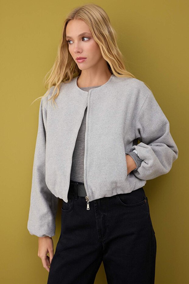 Gri Oversize Kalıp Kaşe Bomber Ceket Mont TWOAW26MO00143 - 1