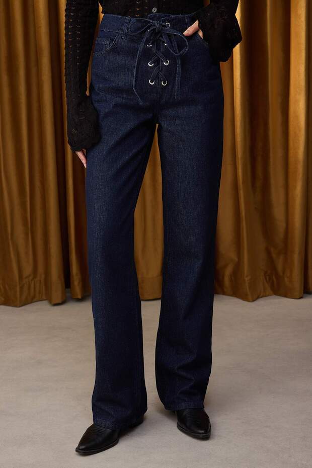 Özel Koleksiyon Koyu Mavi Kuş Gözü Bağlama Detaylı Yüksek Bel Wide Leg Jeans TWOAW26JE00042 - 5
