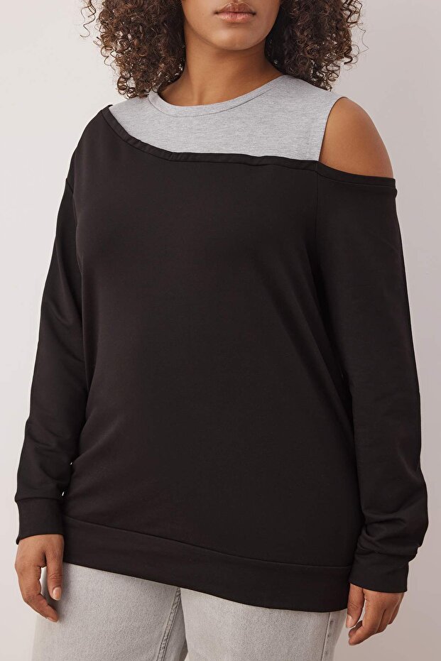 Siyah Bisiklet Yaka Omuz Detaylı İnce Örme Büyük Beden Sweatshirt TBBAW23AO00020 - 3