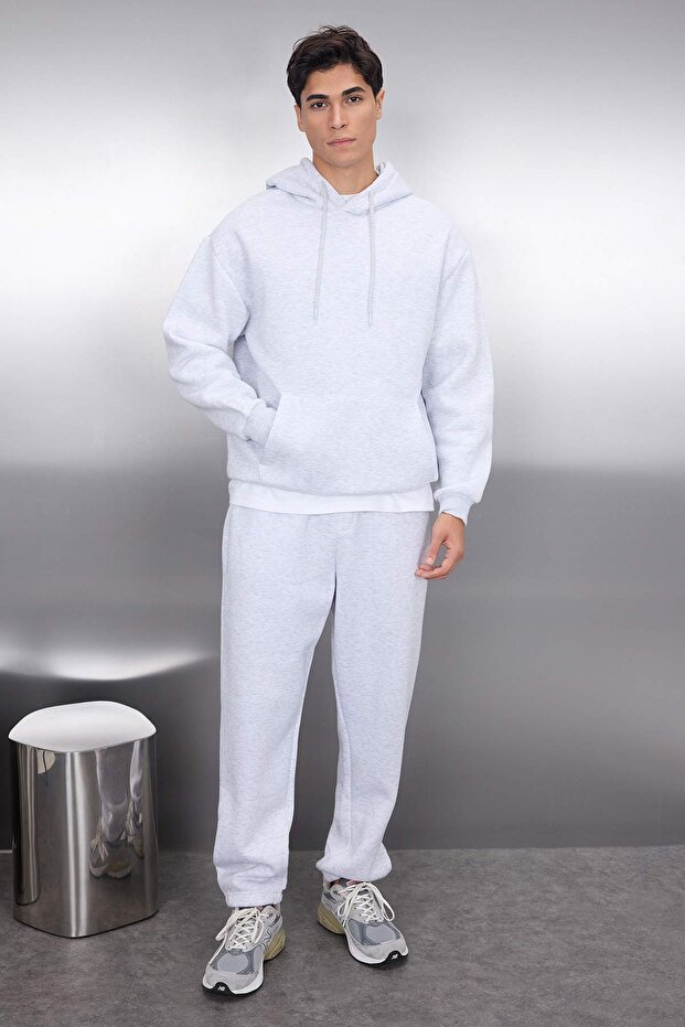 Gri Melanj Regular Kesim Kapüşonlu İçi Polar Sweatshirt Eşofman Takım TMNAW24EM00002 - 1