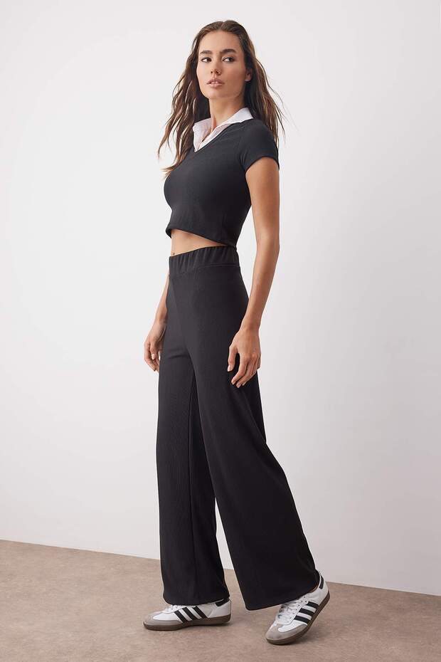 Siyah Polo Yaka Renk Bloklu Bluz Pantolon Örme Alt-Üst Takım TWOSS25AU00133 - 2