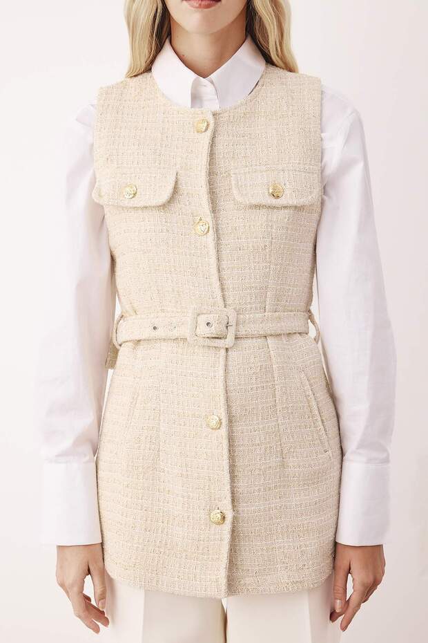 Ecru-farbene, taillierte Tweed-Weste mit Karomuster / Karomuster-Webmuster TCTAW26YL00005 - 3