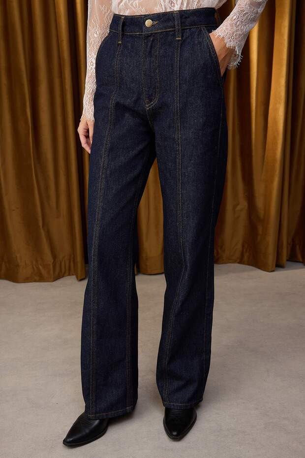 Özel Koleksiyon Koyu Mavi Dikiş Detaylı Yüksek Bel Wide Leg Jeans TWOAW26JE00002 - 3