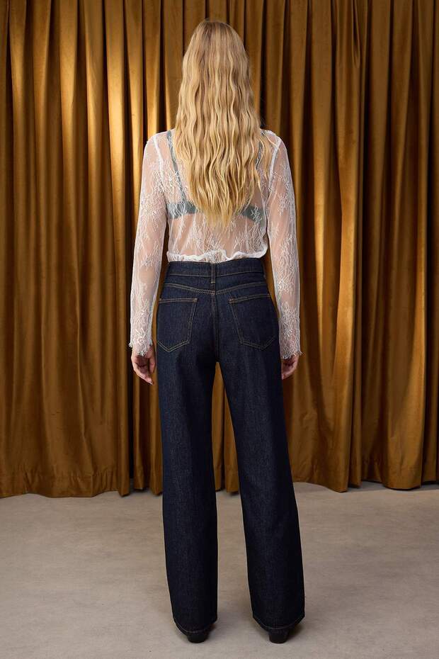 Özel Koleksiyon Koyu Mavi Dikiş Detaylı Yüksek Bel Wide Leg Jeans TWOAW26JE00002 - 4