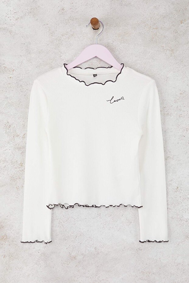 Ekru-Vişne Kırmızı Pamuklu 2'li Nakışlı Regular Fitilli Kız Çocuk Örme T-Shirt TKDAW26TS00011 - 3